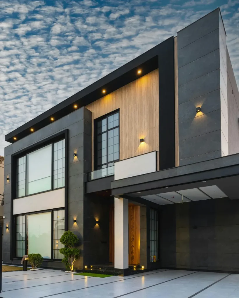 Luxury modern home with black stone façade, timber feature wall, and dramatic lighting for a bold exterior