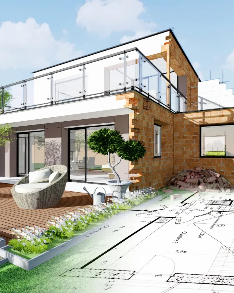 Architectural rendering of a modern home under construction with glass railings and blueprint overlay