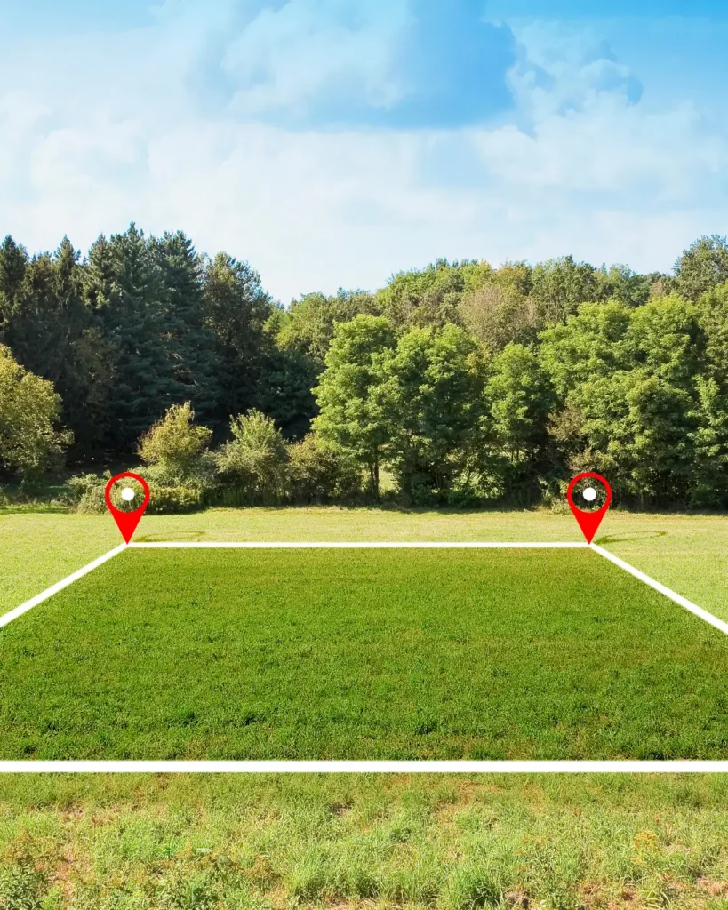 Vacant green land parcel outlined for new home development in a suburban location