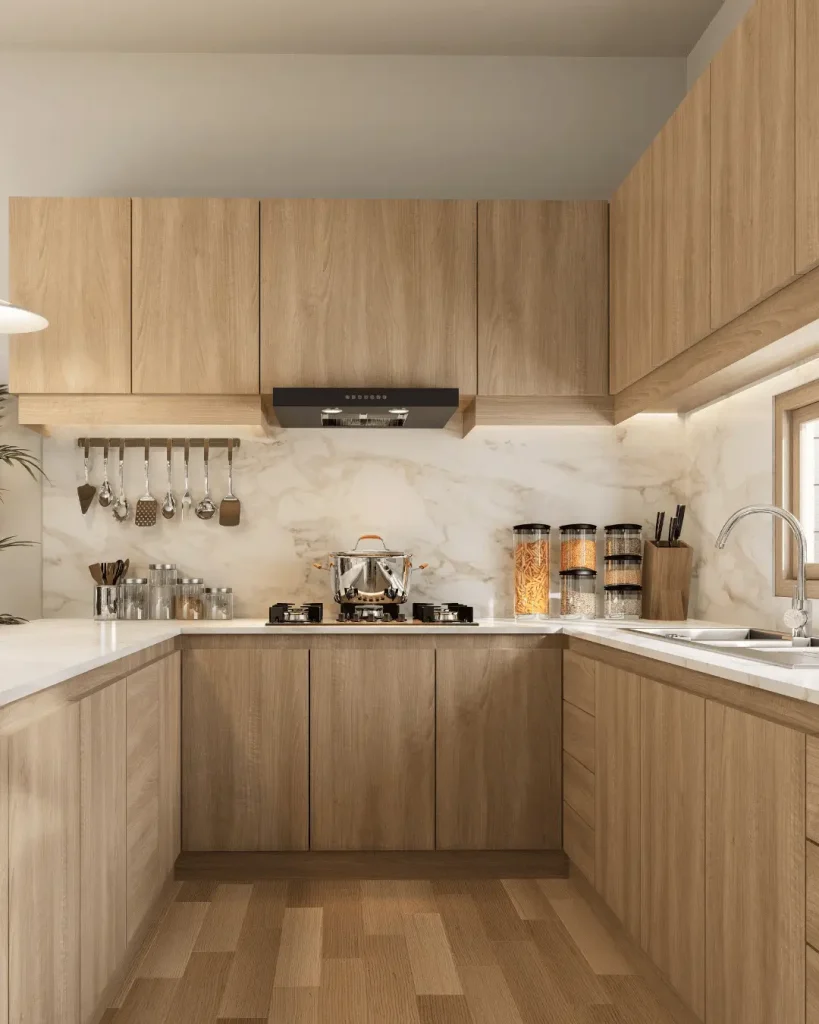 Modern timber-finish U-shaped kitchen with marble splashback and concealed overhead storage.