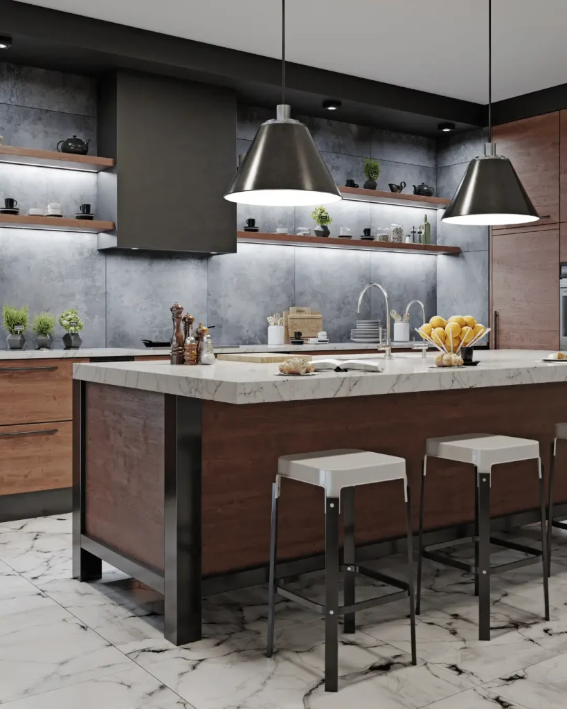 Industrial-style kitchen with marble island bench, exposed shelving and pendant lighting.