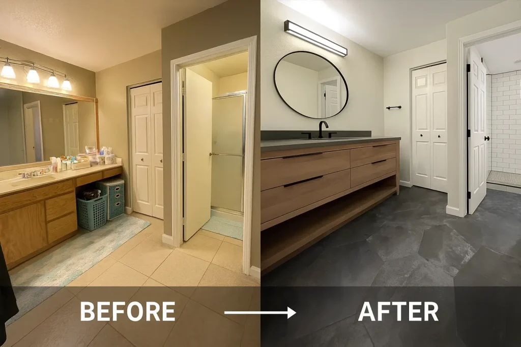 Modern bathroom renovation before and after – outdated vanity and beige tiles transformed into a sleek, contemporary space with black fixtures and natural wood cabinetry
