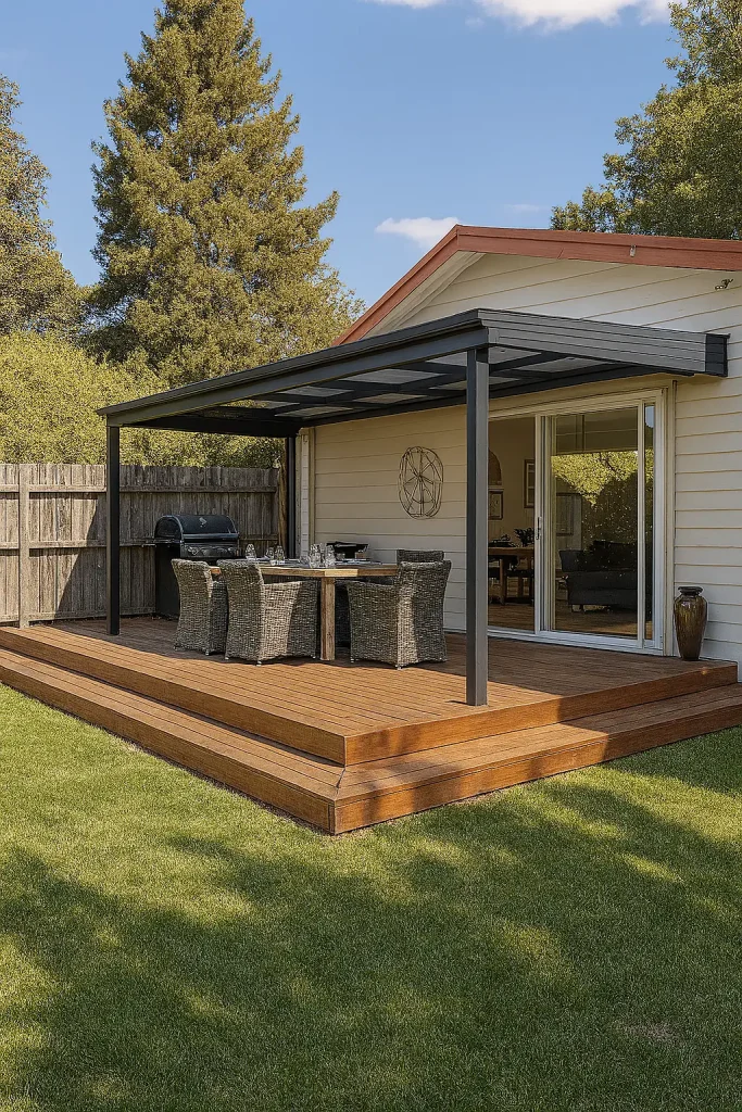 Modern timber deck with pergola and outdoor dining setup in a Melbourne backyard.