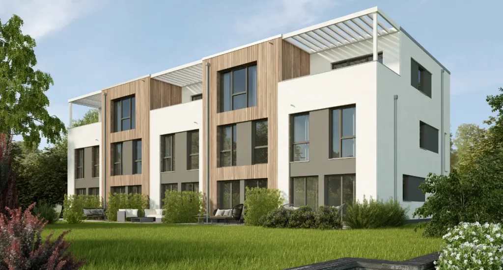 Three-level modern townhouse development with timber accents and landscaped outdoor area