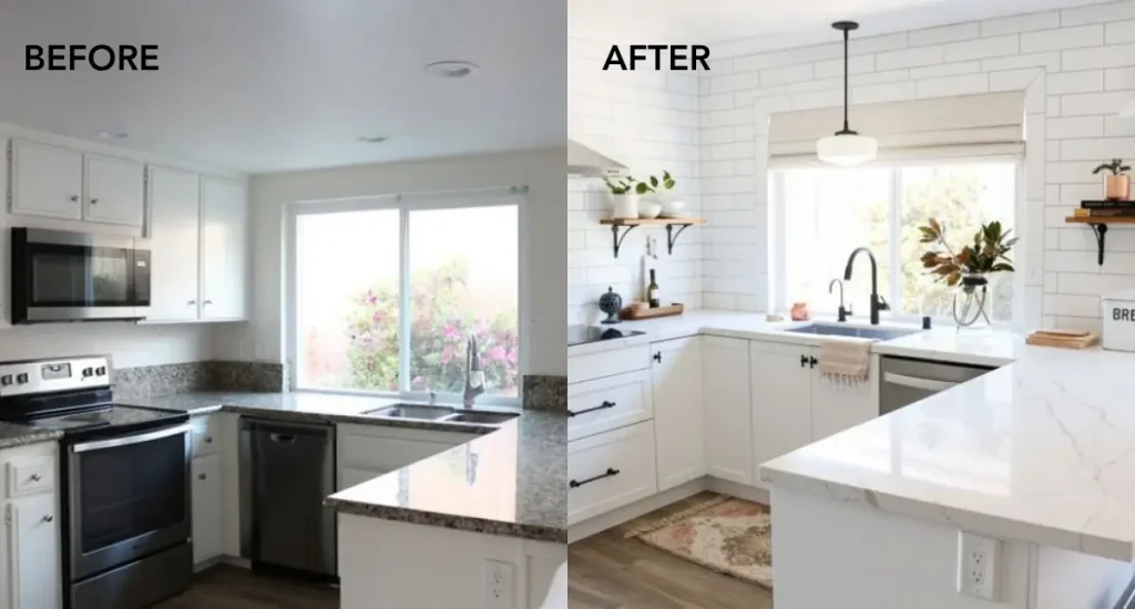 Before and after of a flipped kitchen renovation showcasing transformation from outdated granite countertops to modern white finishes and subway tiles.