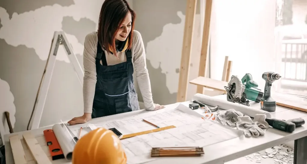 Female contractor reviewing renovation plans at a workstation with tools and safety gear, preparing for council approval.