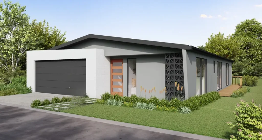 Modern single-storey home with double garage and low-maintenance landscape in Melbourne suburb.
