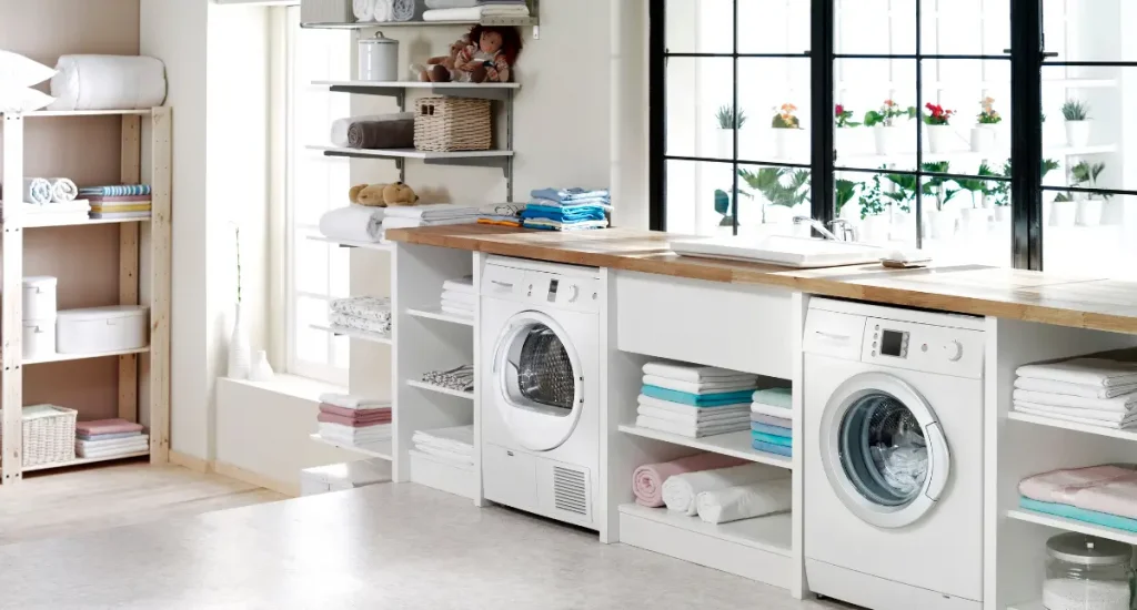 Bright, modern laundry room with under-bench washer and dryer, timber benchtop, open shelving, and large black-framed windows.
