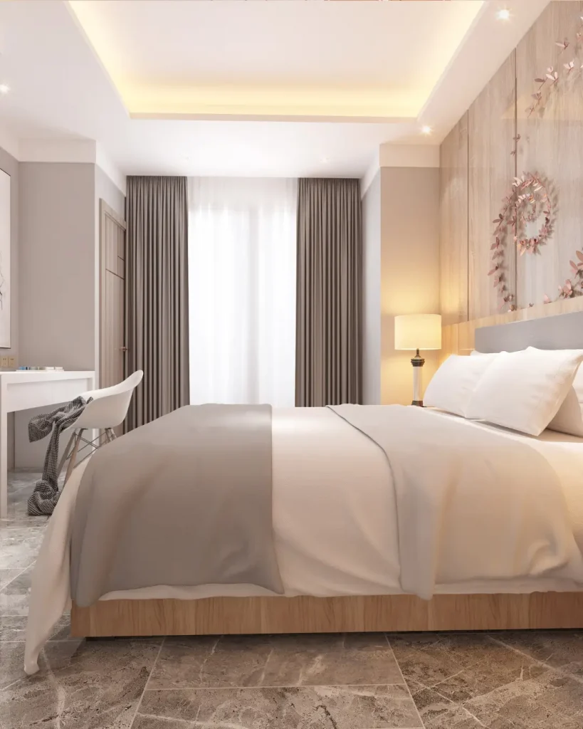 Modern bedroom extension with soft neutral tones and elegant décor.