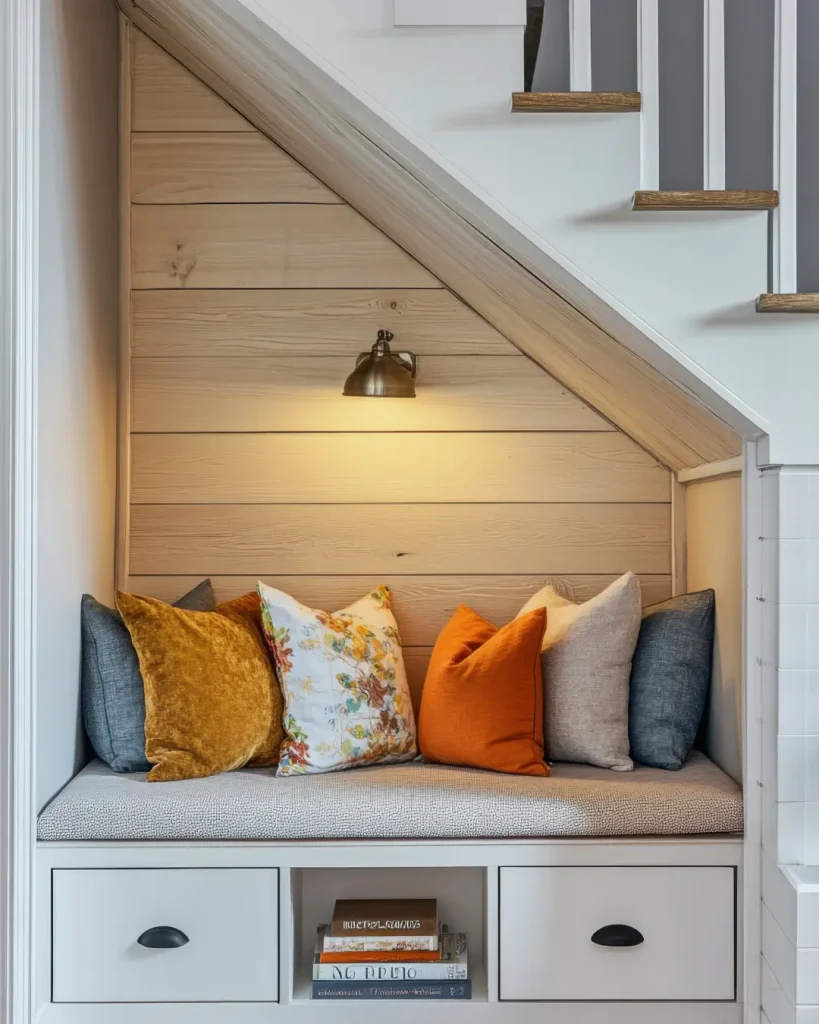 Cozy under-stairs reading nook with built-in drawers, bookshelves, and throw pillows.