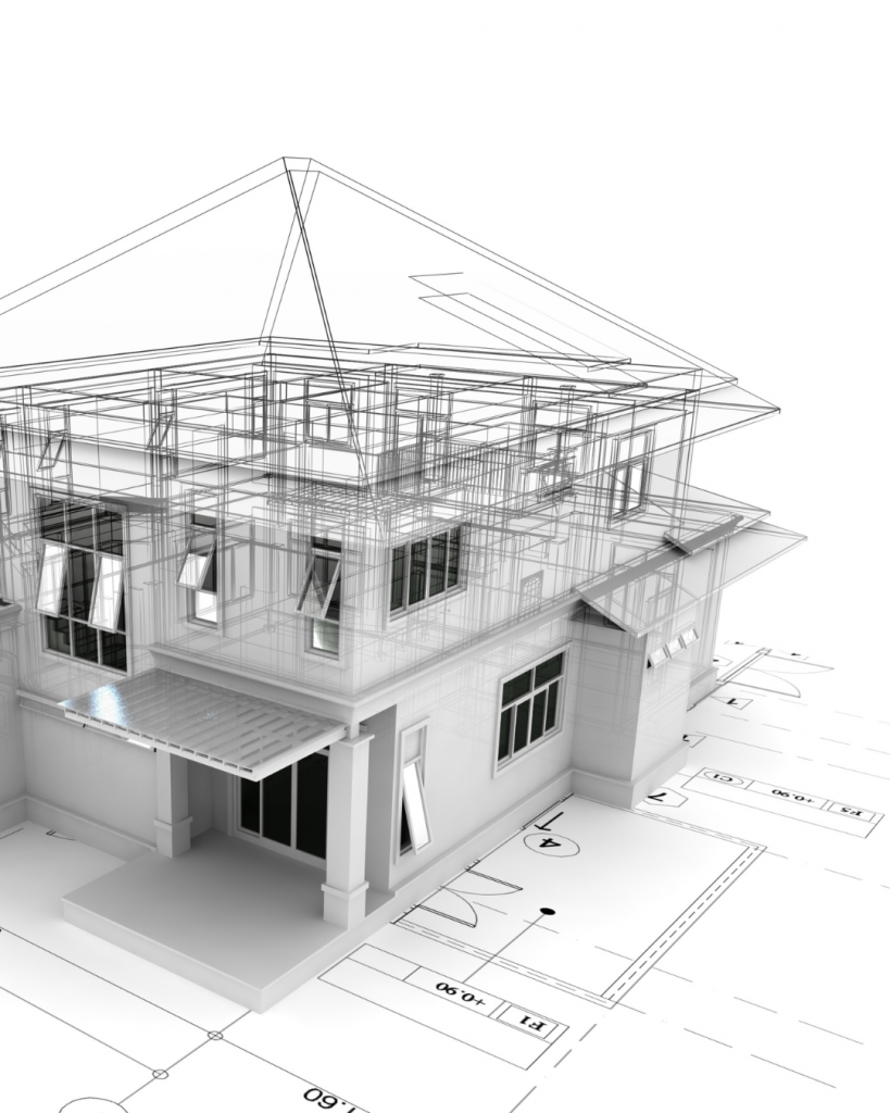 3D architectural rendering of a modern double-storey home with transparent wireframe overlay on building plans.