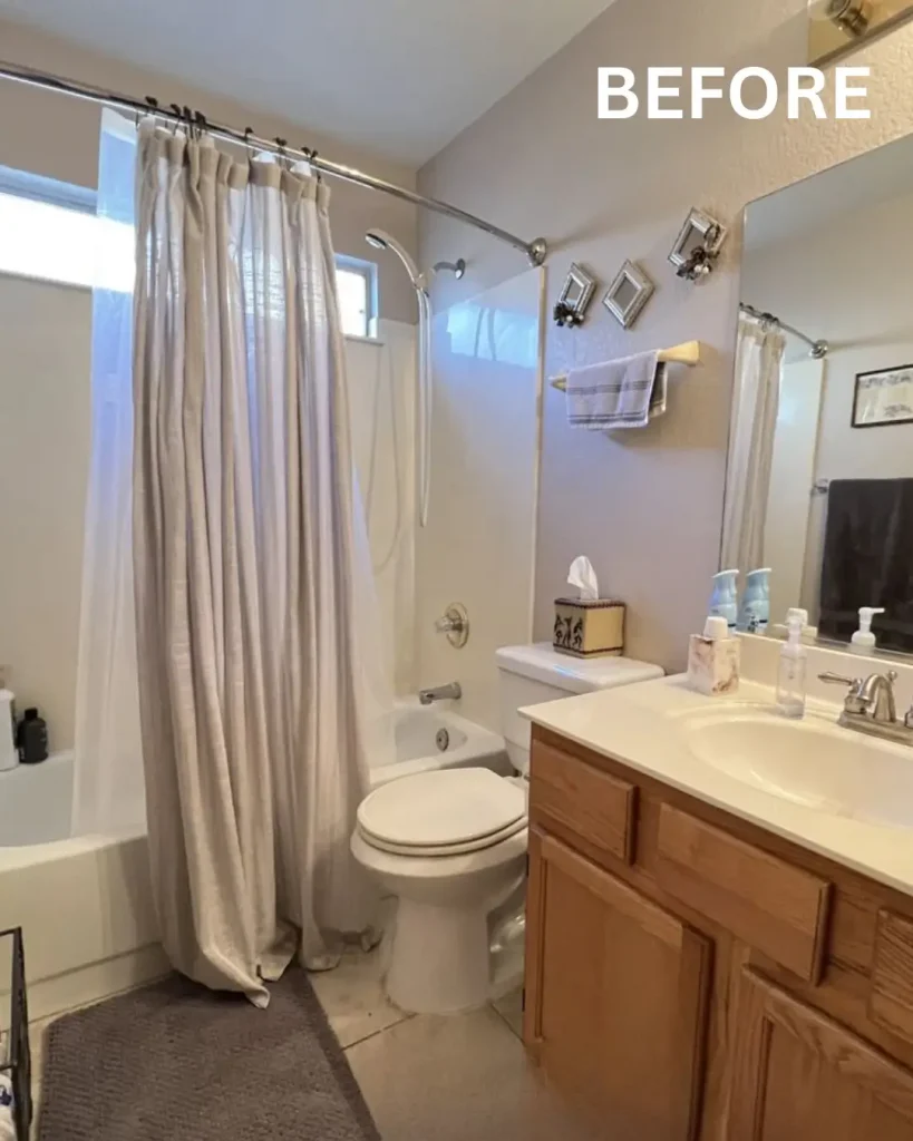 Before and after of a bathroom renovation showing the shift from an old vanity and shower curtain to a stylish glass shower and updated vanity.