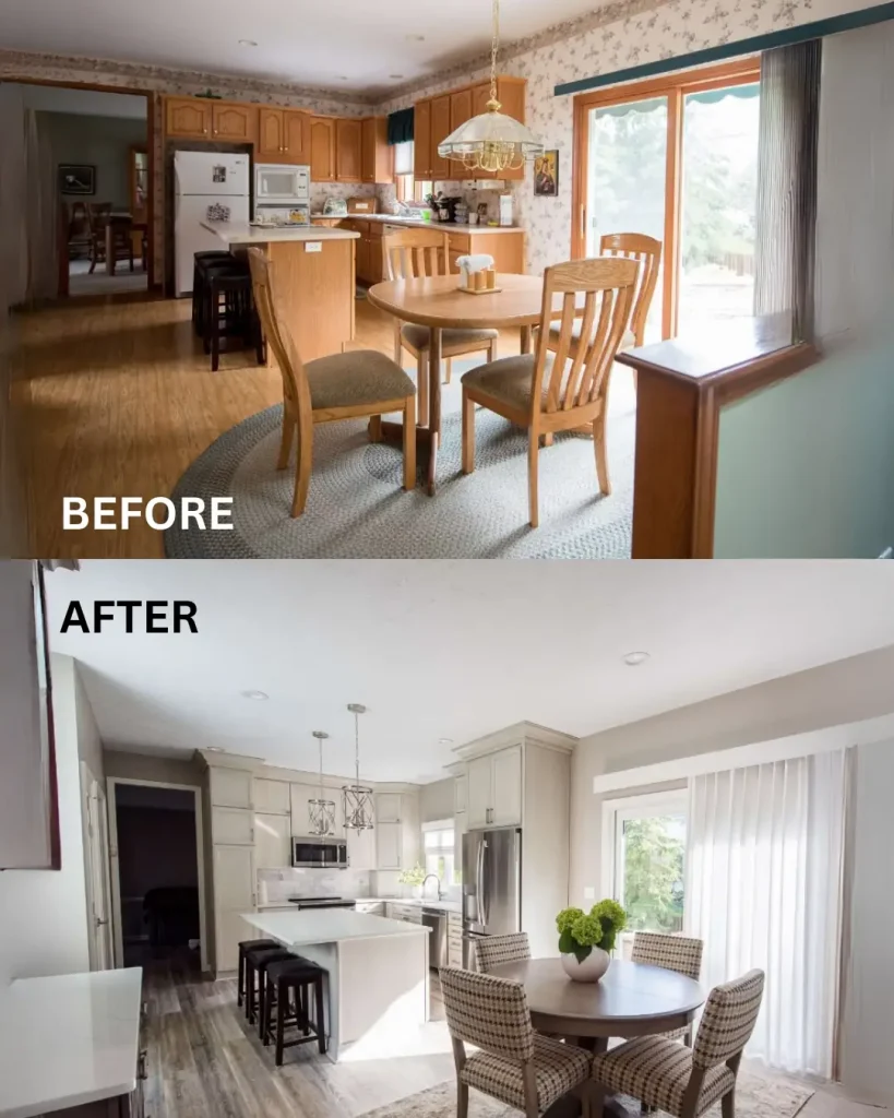 Side-by-side before and after image of a kitchen renovation featuring a dated timber kitchen and a modern, bright redesign