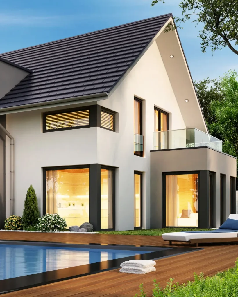 Knockdown rebuild of a modern two-storey home with glass balconies and backyard pool in Melbourne.