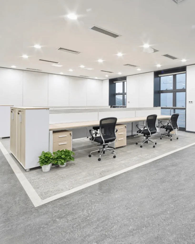 Modern open-plan office fitout with shared workstations, ergonomic chairs, and natural lighting.