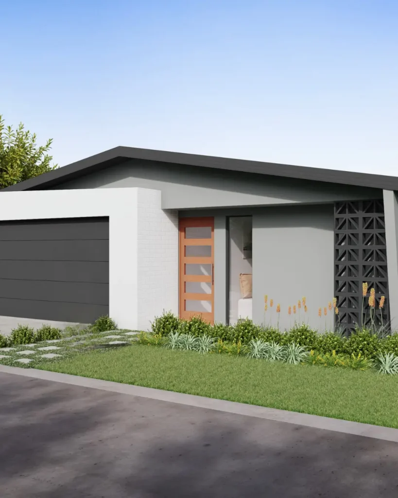 Contemporary home exterior with timber front door, geometric privacy screen, and landscaped garden.