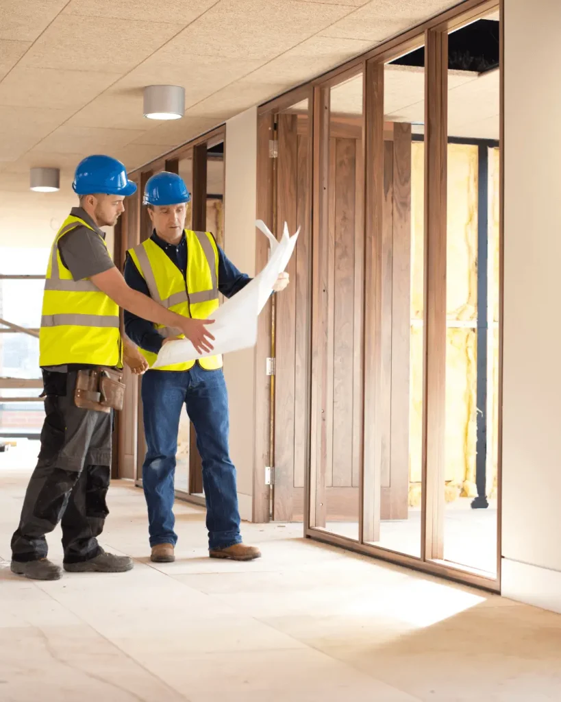 Two construction workers reviewing plans during an office renovation project with exposed walls and timber framing.
