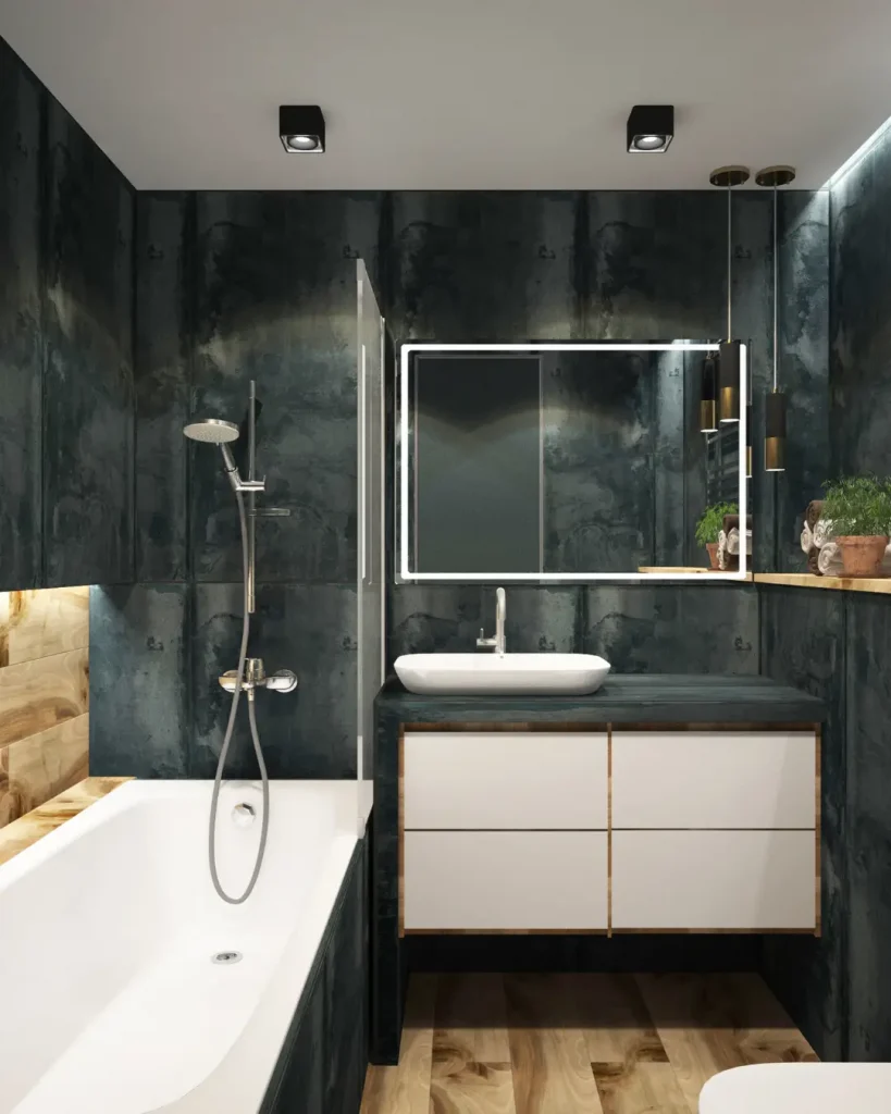 Modern bathroom extension with black stone walls, freestanding tub, and floating vanity unit.