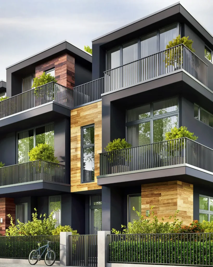 Modern multi-unit home with dark exterior, timber detailing, and leafy private balconies