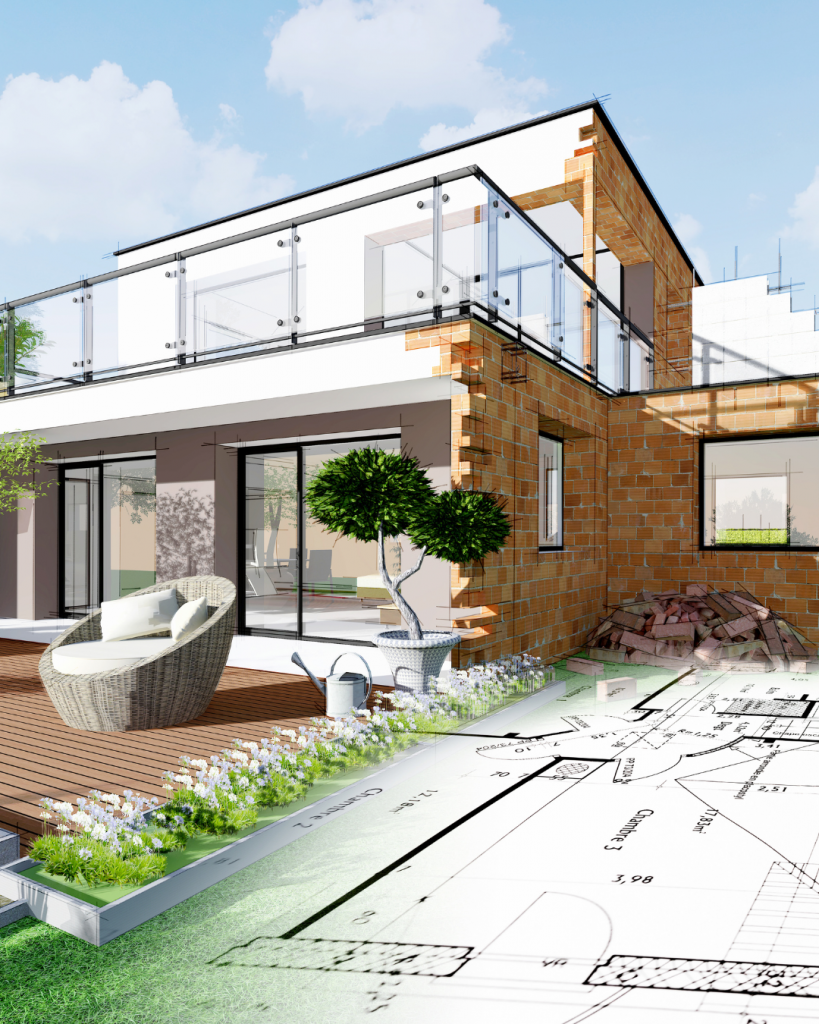 Modern double-storey house under construction with exposed brick walls and glass balcony, overlaid with landscape and floor plan.