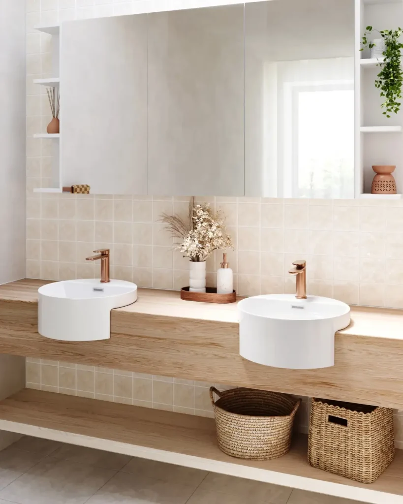 Twin offset basins on natural timber benchtop with neutral tiled splashback and minimalist open shelving.