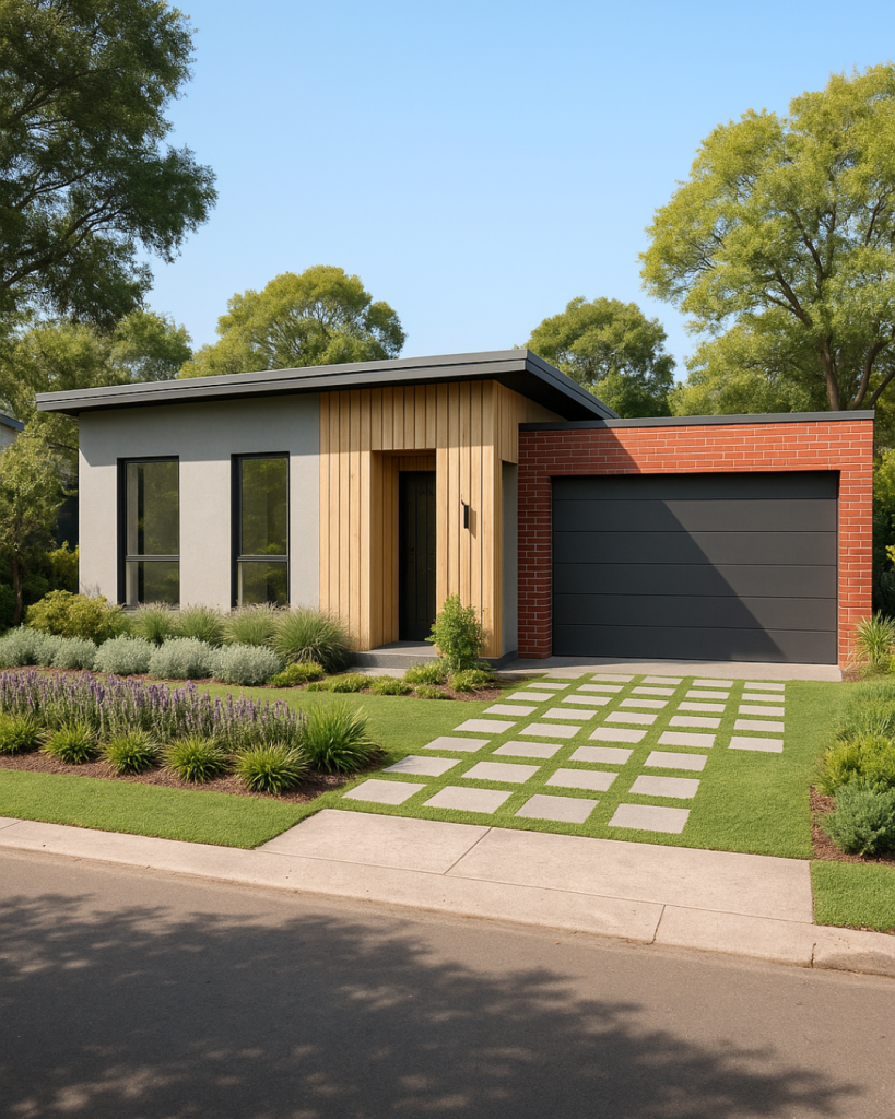 A modern single-story dual-income home with a sleek design, landscaped garden, and driveway under clear skies.
