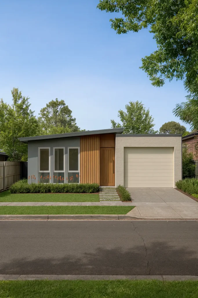Modern single-storey home with flat roof, timber entry detail, and minimalist landscaping on a suburban street