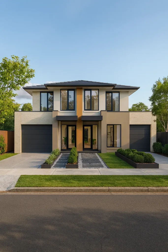 Contemporary Australian dual occupancy home with light brick, timber cladding, and dark window trims on a suburban street