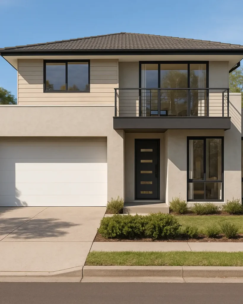 Modern two-story house with a flat driveway, large windows, a balcony, and a clean architectural design.