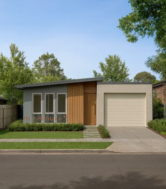Modern single-storey home with flat roof, timber entry detail, and minimalist landscaping on a suburban street