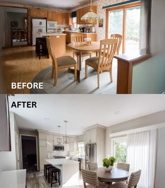 Side-by-side before and after image of a kitchen renovation featuring a dated timber kitchen and a modern, bright redesign
