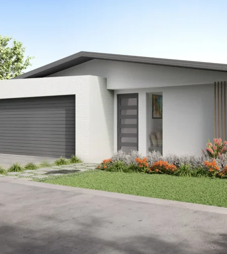 Modern single-storey home exterior with minimalist façade, landscaped front yard, and grey garage door.