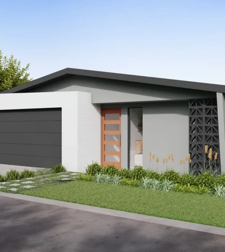 Contemporary home exterior with timber front door, geometric privacy screen, and landscaped garden.