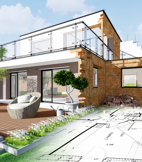 Modern double-storey house under construction with exposed brick walls and glass balcony, overlaid with landscape and floor plan.
